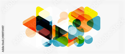 Abstract geometric shapes overlap, creating vibrant colorful composition. Soft gradients, translucent forms suggest depth, movement.