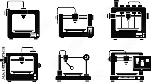 3D printing machine silhouettes set showing desktop industrial printers and robotic fabrication equipment vector illustration collection modern design technology icons