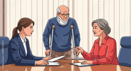 A man on crutches stands behind two women sitting at a conference table in an office setting.