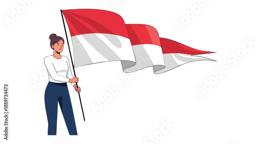 Illustration of a woman holding a large red and white flag on a plain white background.