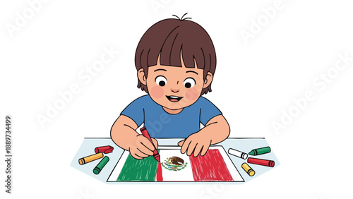 A young boy coloring the Mexican flag with crayons on a piece of paper in a creative activity.