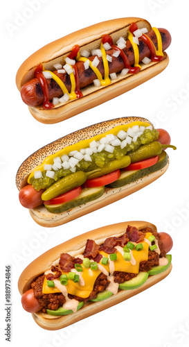 Three hot dogs with various toppings