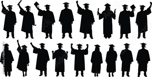Graduation ceremony silhouettes of diverse graduates celebrating academic success with caps gowns diplomas education achievement concept vector illustration design art