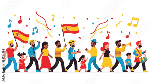 Illustration of a diverse group of people walking and celebrating with Spanish flags and musical notes in a colorful, flat design with a festive mood on a white background.
