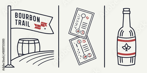 Bourbon Trail Poster Set – Scenic Flag Path, Tasting Checklist, and Stylized Bottle in Kentucky-Themed Panels, USA, US, United States
