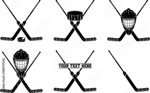 Hockey Equipment Icons with Text Placeholder Keywords: hockey, ice hockey, stick, puck, helmet