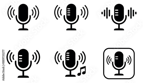 Simple microphone icon set featuring sound wave indicators and a musical note for audio recording and communication apps