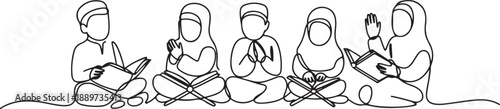 One continuous line drawing of muslim and muslimah kids reading and recite Quran. Islamic holy day Ramadan Kareem and Eid Mubarak greeting card concept. one line Icon drawing