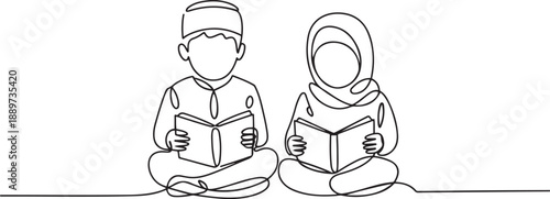 One continuous line drawing of muslim and muslimah kids reading and recite Quran. Islamic holy day Ramadan Kareem and Eid Mubarak greeting card concept. one line Icon drawing