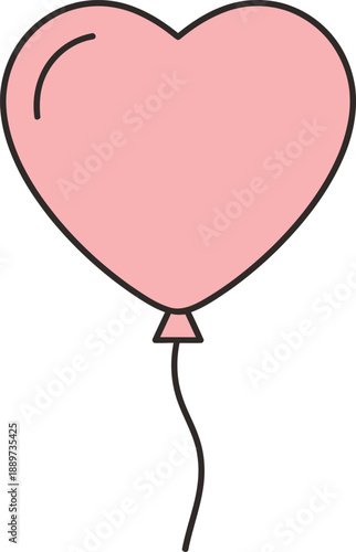 Pink heart shaped balloon vector illustration with thin black outline, cute minimalist romantic icon for valentine or birthday celebration