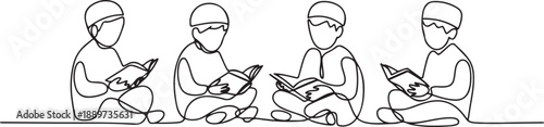 One continuous line drawing of muslim and muslimah kids reading and recite Quran. Islamic holy day Ramadan Kareem and Eid Mubarak greeting card concept. one line Icon drawing
