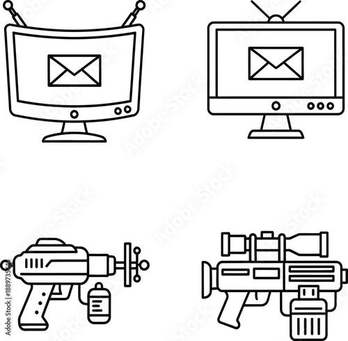 Retro futuristic devices and weapons vector illustration