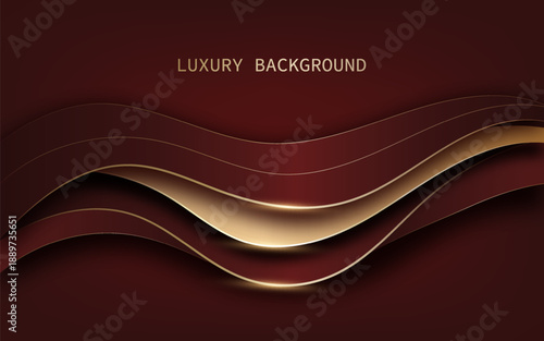 Elegant luxury abstract background  in red color with flowing layered wave shapes and metallic gold lines 