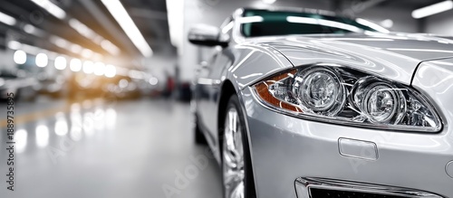 Sleek silver car showcased in modern showroom, illuminated by br