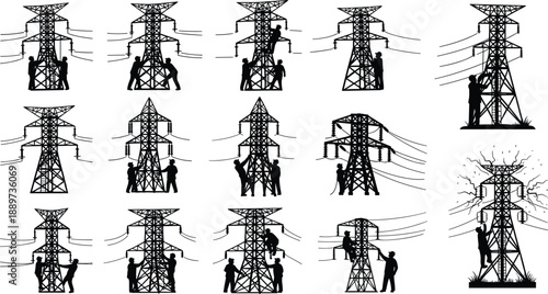 Electric power transmission tower silhouettes with workers maintenance high voltage lines industrial energy infrastructure vector illustration set