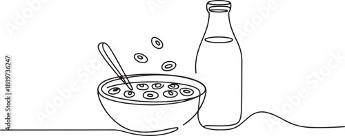 One continuous line drawing fresh delicious bowl of cereal breakfast and a bottle of milk. Healthy breakfast template concept. one line Icon drawing