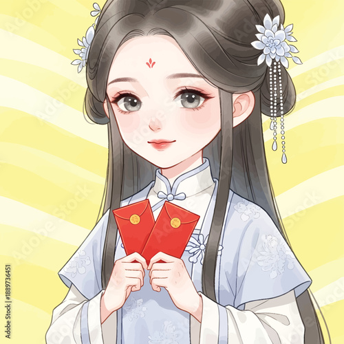 Beautiful Young Asian Woman Holding Lucky Red Envelopes