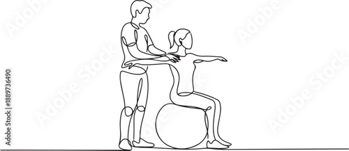 Continuous one line drawing physiotherapist doctor rehabilitates woman patient. Female doing exercises on rubber ball. Physiotherapy rehab, injury recovery. one line Icon drawing