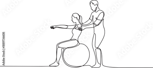 Continuous one line drawing physiotherapist doctor rehabilitates woman patient. Female doing exercises on rubber ball. Physiotherapy rehab, injury recovery. one line Icon drawing