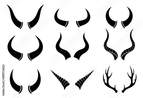 Iconic silhouette horns and antlers set featuring various animal horn designs and branched deer antlers for halloween and fantasy themes