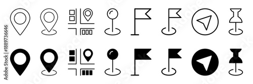 A versatile set of outline and glyph location, map, and navigation icons. Solid black and outline styles. 
