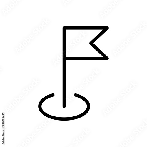 Minimalist outline icon of a flag planted in a circular hole, symbolizing a goal or location