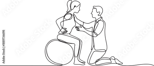 Continuous one line drawing physiotherapist doctor rehabilitates woman patient. Female doing exercises on rubber ball. Physiotherapy rehab, injury recovery. one line Icon drawing