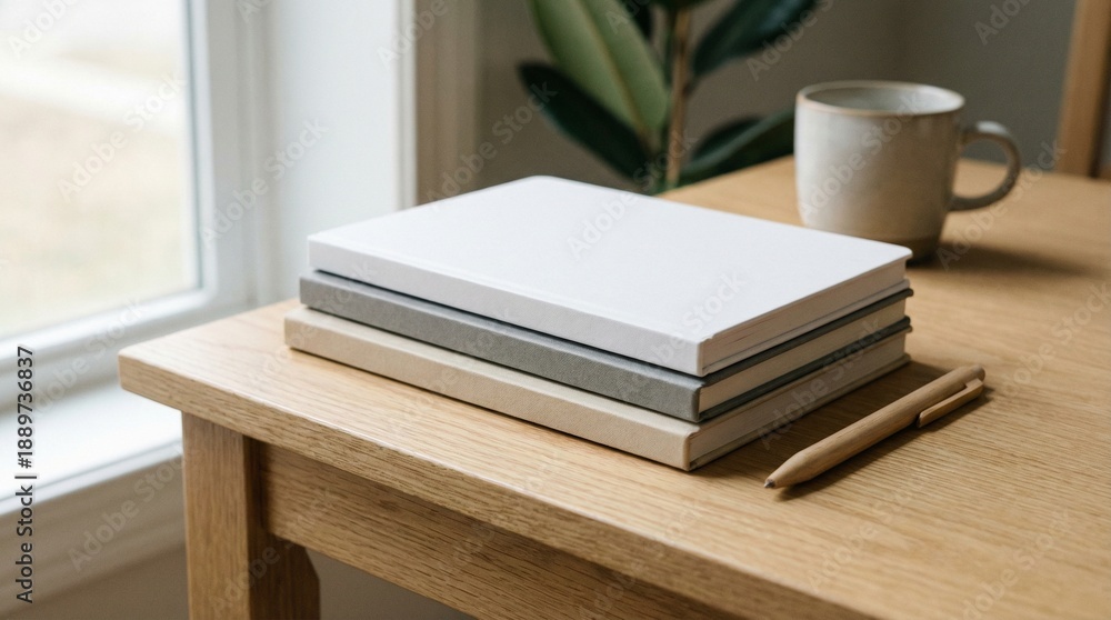 Fototapeta premium minimalist stack of blank notebooks on wooden desk