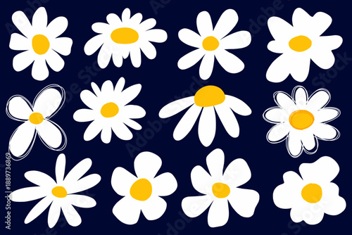 Cute hand-drawn daisy flowers set collection, 12 different shapes of daisy clip art element isolated.