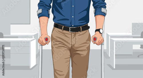 A man with a blue shirt and khaki pants stands in an office, holding crutches due to an injured leg.