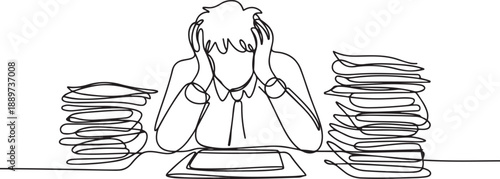 Single continuous line drawing of young frustrated businessman got headache facing pile of papers project on his desk. Overtime work at the office concept. one line Icon drawing