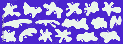 Modern frame of splash milk waves and water drops, abstract puddle paint splat shape, splash accents, creamy milk glow and fresh water puddle style.