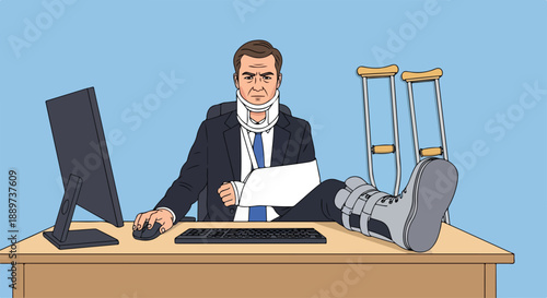 A man in a business suit sits at an office desk with crutches, one leg in a cast, working on a computer with a focused expression.