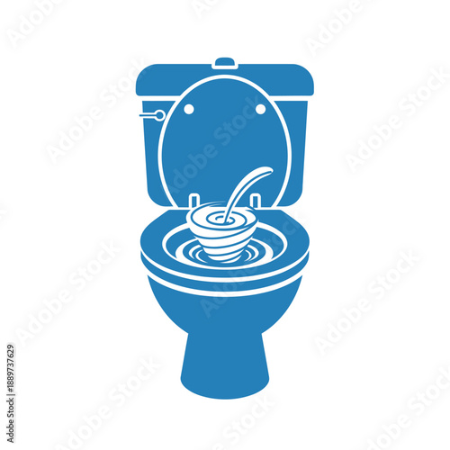 A distinctive blue graphic illustration of a toilet bowl with a swirling bowl of soup and a ladle, humorously symbolizing concepts of wastefulness, disgust, or an unexpected situation