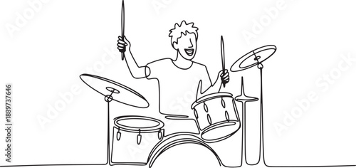 Single continuous line drawing of young happy male drummer performing to play drum on music concert stage. Musician artist performance concept. one line Icon drawing