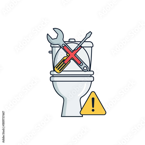 Graphic icon of a toilet with crossed tools and warning sign, symbolizing plumbing repair problems, bathroom maintenance issues, and urgent service alerts