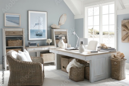 A coastal office with light, airy colors, natural light, and nautical decor accents, airy textiles. Integrate sea-inspired elements like driftwood, shells, and maritime artwork to evoke