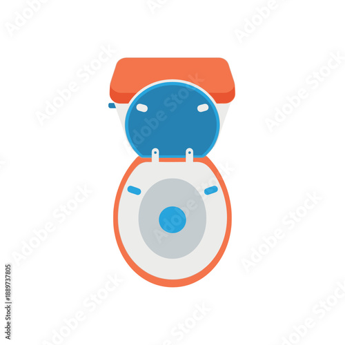A clean, modern, and vibrant flat illustration of a toilet with an open blue lid and orange accents, depicting essential bathroom hygiene and plumbing fixture concepts