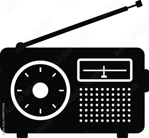 Minimal vector silhouette of a vintage hand-held radio with a tuning dial and an antenna, solid black, isolated on a white background.