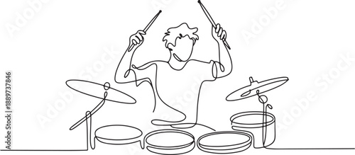 Single continuous line drawing of young happy male drummer performing to play drum on music concert stage. Musician artist performance concept. one line Icon drawing