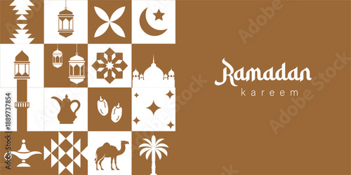 Ramadan Kareem background in modern geometric colorful style. Islamic greeting card, poster and banner template design pattern and geometrical background. Minimalist illustrations