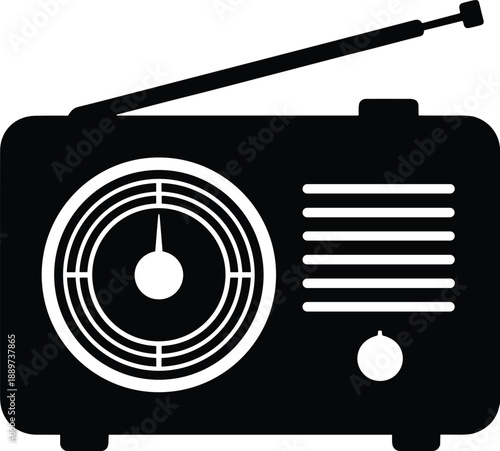 Minimal vector silhouette of a vintage hand-held radio with a tuning dial and an antenna, solid black, isolated on a white background.