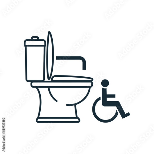 Accessible Public Toilet Icon. Clear line art symbol for disabled access restrooms, featuring a toilet and wheelchair sign, representing inclusive design