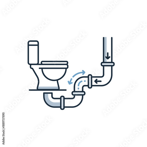 Plumbing system of a toilet with pipe connection and water flow arrows