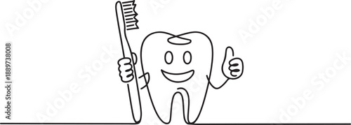 Continuous one line drawing giant tooth is holding toothbrush and one of his hands is doing thumbs up gesture. Symbol for dental clinic, oral care. one line Icon drawing
