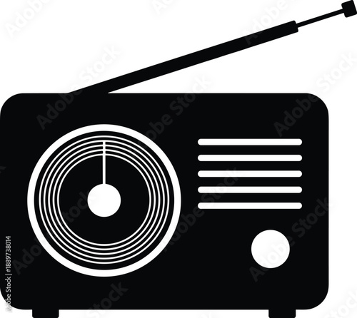 Minimal vector silhouette of a vintage hand-held radio with a tuning dial and an antenna, solid black, isolated on a white background.