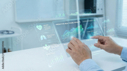 Next-Gen Telemedicine. Next gen telemedicine interface with predictive healthcare insights displayed on futuristic screen
