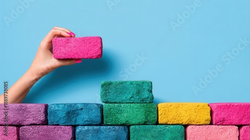Building colorful brick wall with hand