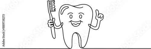 Continuous one line drawing giant tooth is holding toothbrush and one of his hands is doing thumbs up gesture. Symbol for dental clinic, oral care. one line Icon drawing