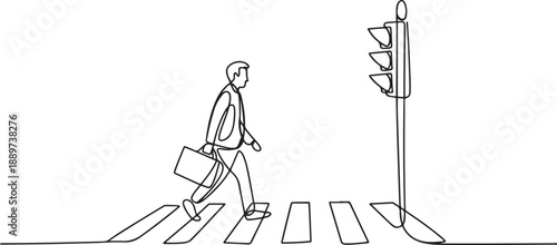 Continuous one line drawing a male worker crosses the road on the zebra crossing after returning from work. There's a traffic light there too. one line Icon drawing